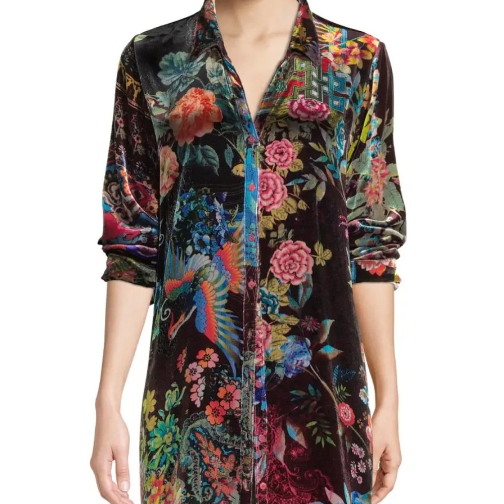 JOHNNY WAS SILK VELVET DREAM FLORAL PRINT EASY TUNIC SHIRT TOP 1X - Picture 1 of 7